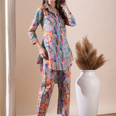 Abstract Printed Stones & Sequins Embellished Kurti with Pants Co-ord Set - Multi