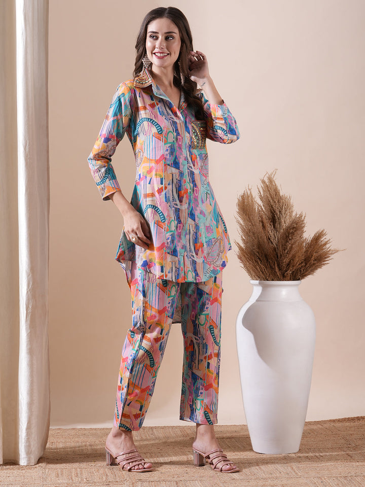 Abstract Printed Stones & Sequins Embellished Kurti with Pants Co-ord Set - Multi