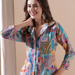 Abstract Printed Stones & Sequins Embellished Kurti with Pants Co-ord Set - Multi