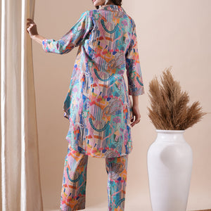 Abstract Printed Stones & Sequins Embellished Kurti with Pants Co-ord Set - Multi