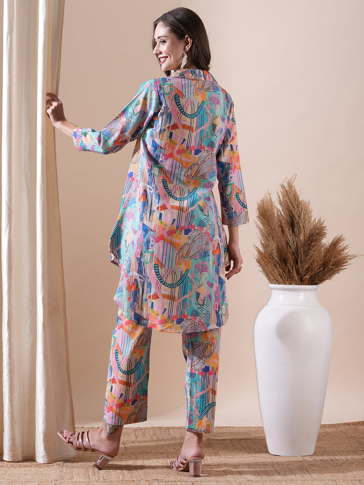 Abstract Printed Stones & Sequins Embellished Kurti with Pants Co-ord Set - Multi