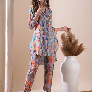 Abstract Printed Stones & Sequins Embellished Kurti with Pants Co-ord Set - Multi
