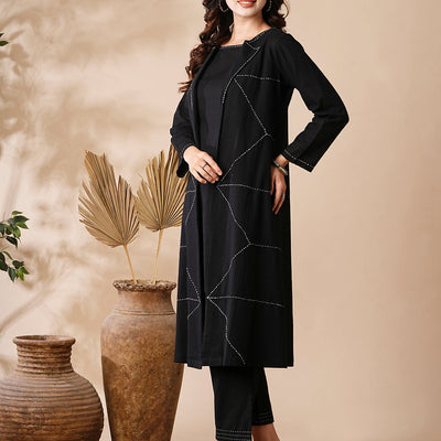 Solid A-Line Kurta & Palazzo with Kantha Embroidered Open Jacket - Black