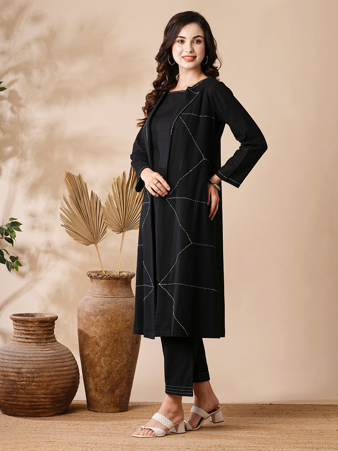 Solid A-Line Kurta & Palazzo with Kantha Embroidered Open Jacket - Black