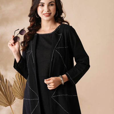 Solid A-Line Kurta & Palazzo with Kantha Embroidered Open Jacket - Black