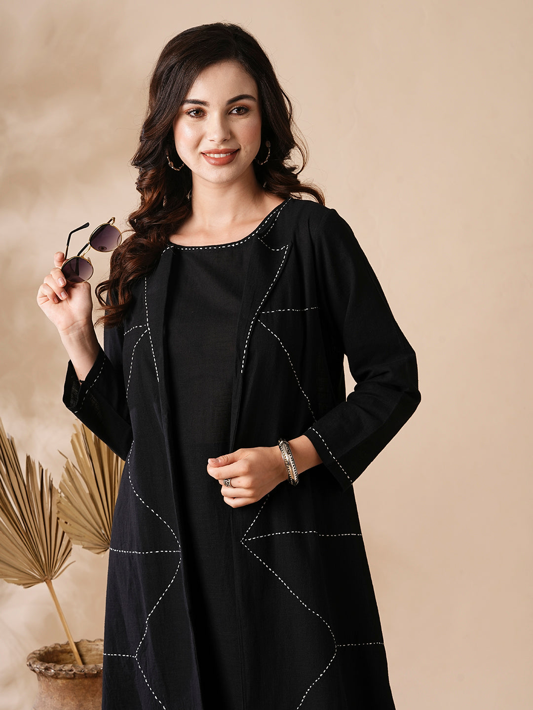 Solid A-Line Kurta & Palazzo with Kantha Embroidered Open Jacket - Black
