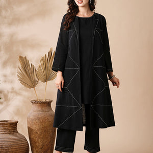 Solid A-Line Kurta & Palazzo with Kantha Embroidered Open Jacket - Black