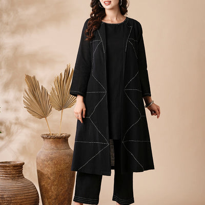 Solid A-Line Kurta & Palazzo with Kantha Embroidered Open Jacket - Black