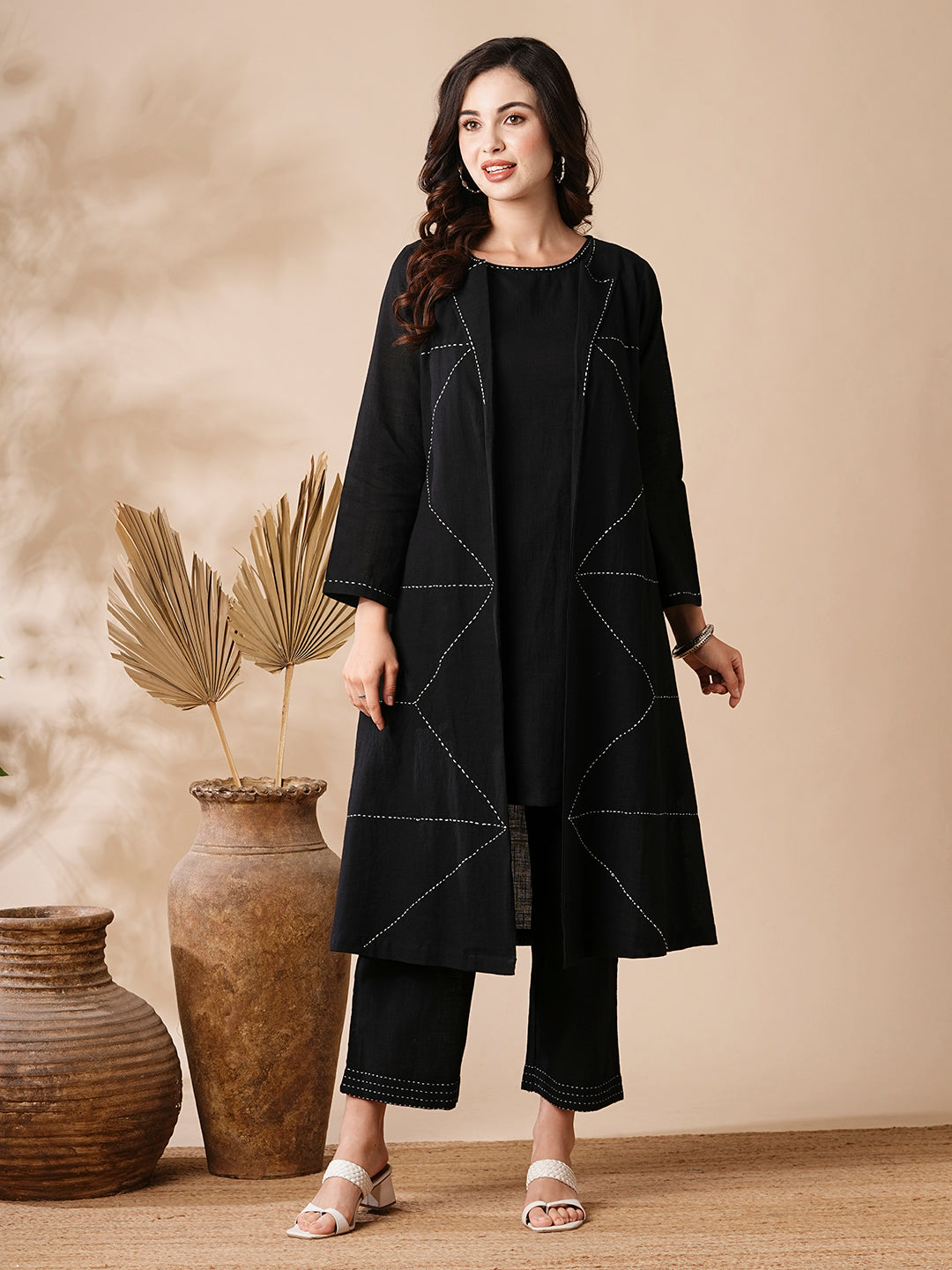 Solid A-Line Kurta & Palazzo with Kantha Embroidered Open Jacket - Black