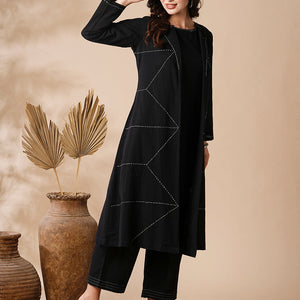 Solid A-Line Kurta & Palazzo with Kantha Embroidered Open Jacket - Black