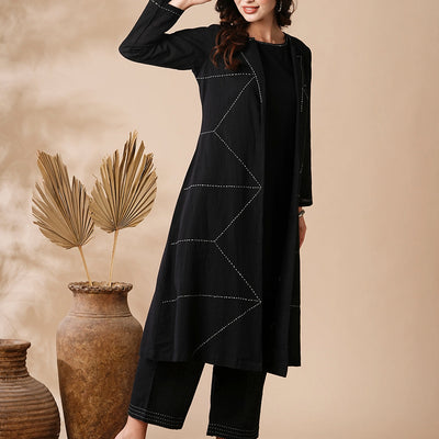 Solid A-Line Kurta & Palazzo with Kantha Embroidered Open Jacket - Black
