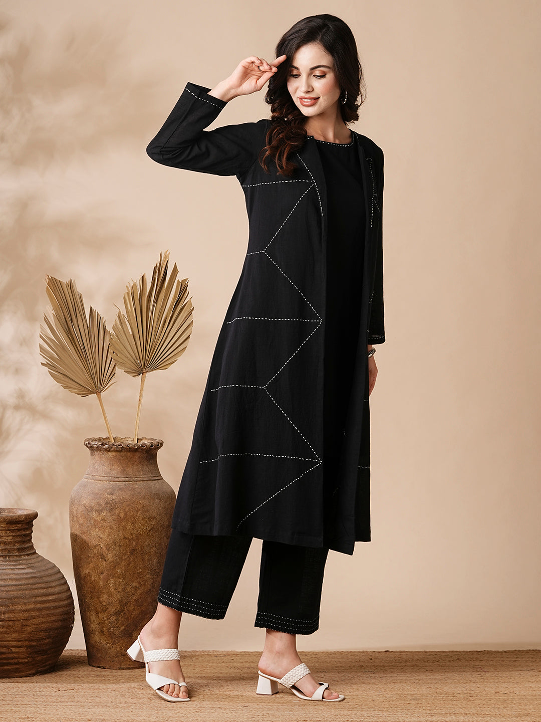 Solid A-Line Kurta & Palazzo with Kantha Embroidered Open Jacket - Black