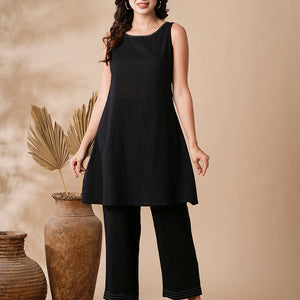 Solid A-Line Kurta & Palazzo with Kantha Embroidered Open Jacket - Black