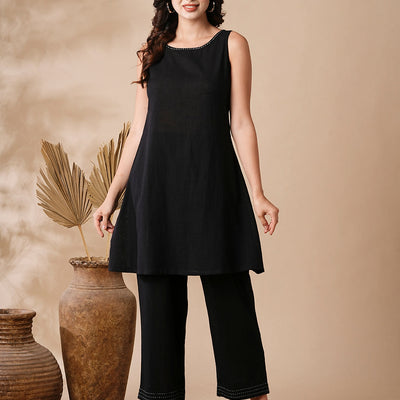 Solid A-Line Kurta & Palazzo with Kantha Embroidered Open Jacket - Black