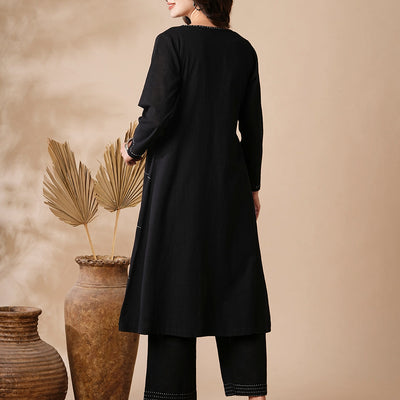 Solid A-Line Kurta & Palazzo with Kantha Embroidered Open Jacket - Black