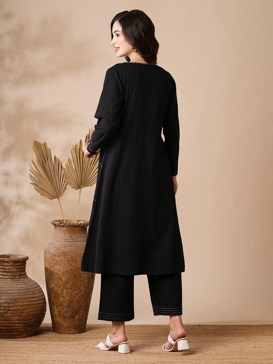 Solid A-Line Kurta & Palazzo with Kantha Embroidered Open Jacket - Black