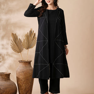 Solid A-Line Kurta & Palazzo with Kantha Embroidered Open Jacket - Black