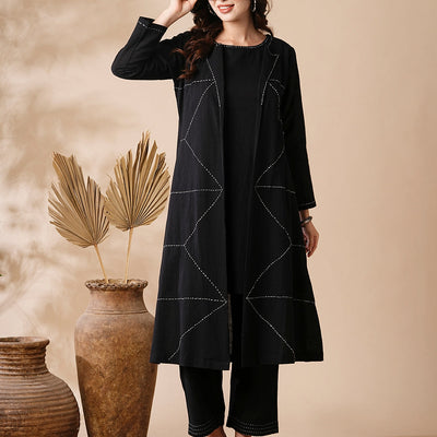 Solid A-Line Kurta & Palazzo with Kantha Embroidered Open Jacket - Black