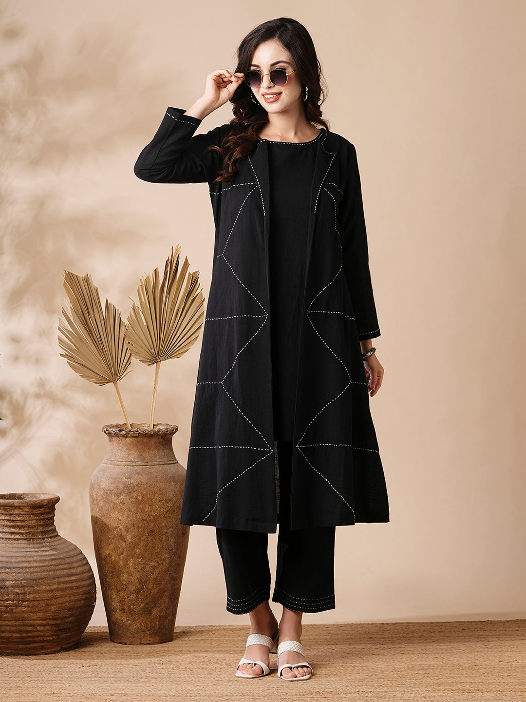 Solid A-Line Kurta & Palazzo with Kantha Embroidered Open Jacket - Black