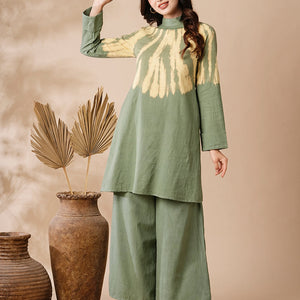 Shibori Dyed A-line Kurti with Palazzo Co-ord Set - Olive & Yellow