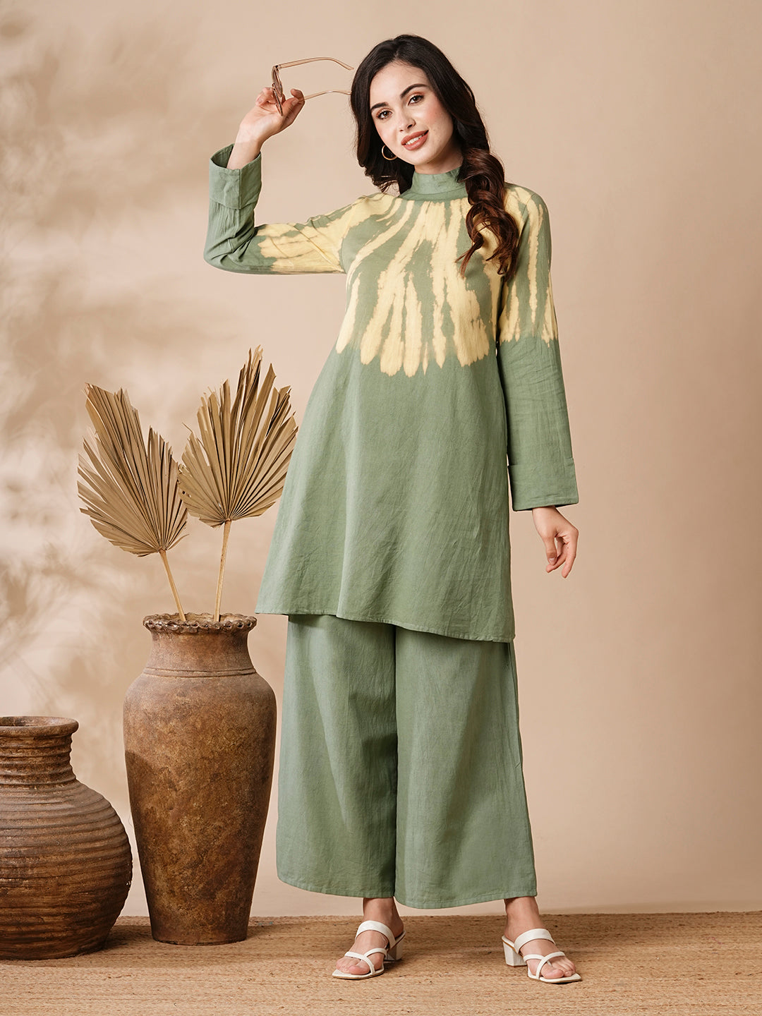 Shibori Dyed A-line Kurti with Palazzo Co-ord Set - Olive & Yellow