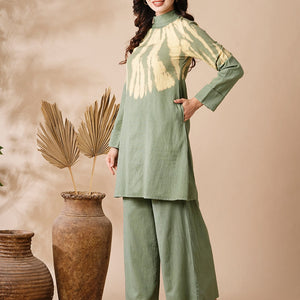 Shibori Dyed A-line Kurti with Palazzo Co-ord Set - Olive & Yellow