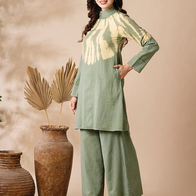 Shibori Dyed A-line Kurti with Palazzo Co-ord Set - Olive & Yellow