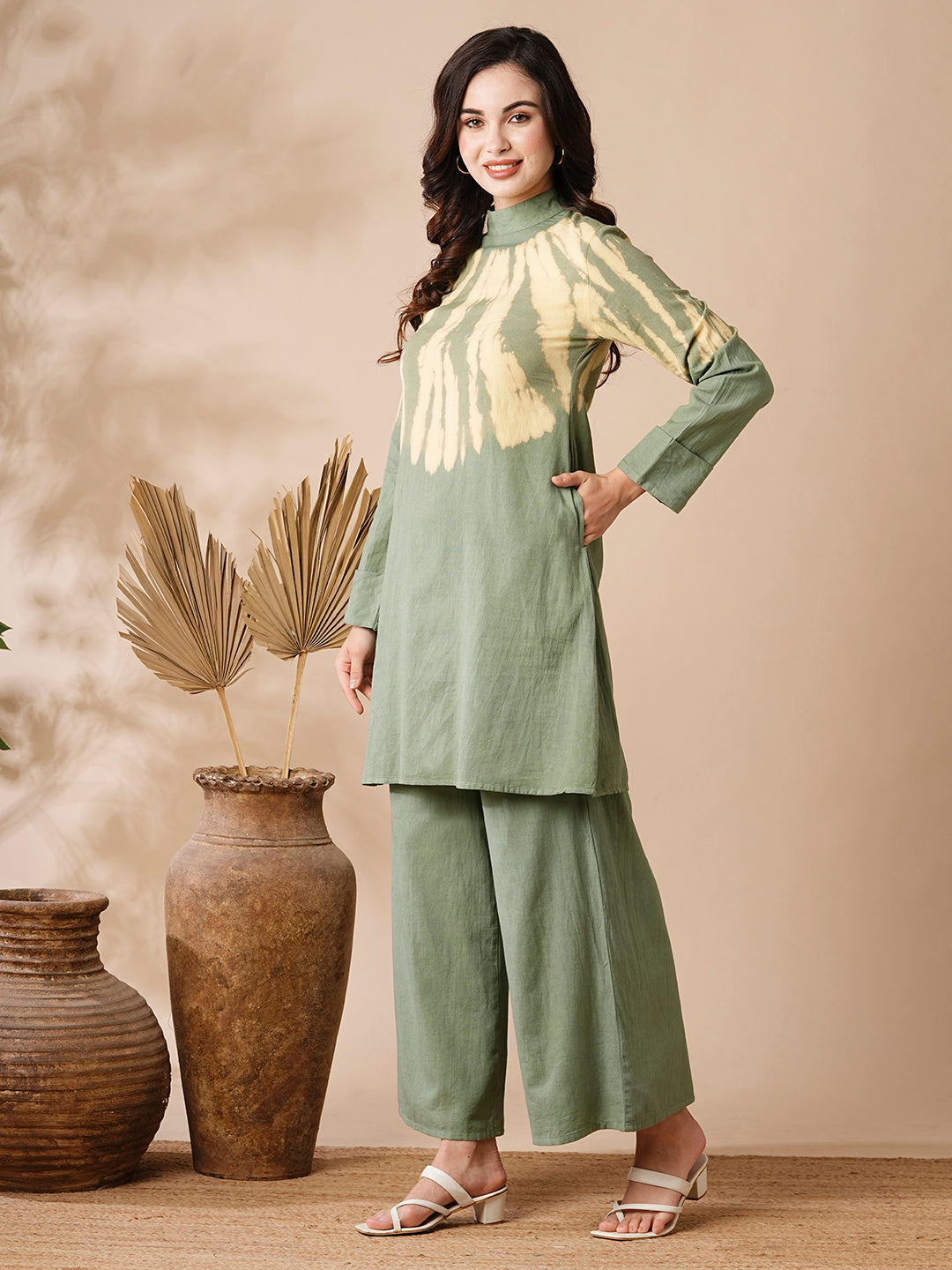 Shibori Dyed A-line Kurti with Palazzo Co-ord Set - Olive & Yellow
