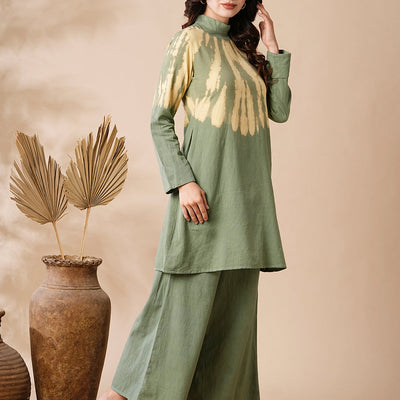 Shibori Dyed A-line Kurti with Palazzo Co-ord Set - Olive & Yellow