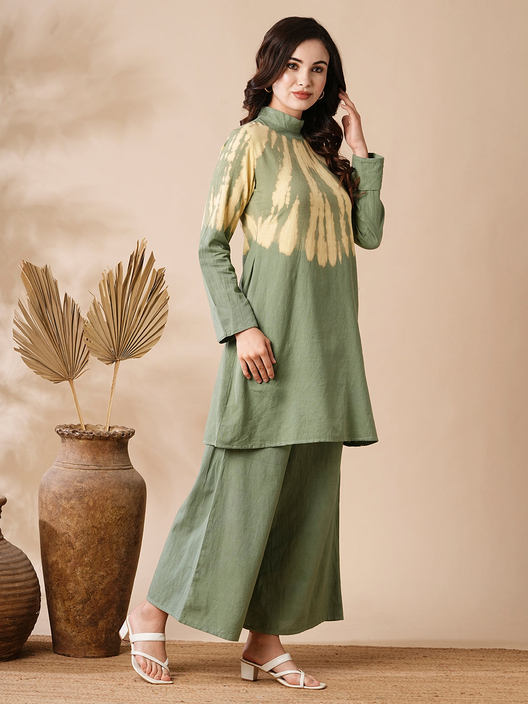 Shibori Dyed A-line Kurti with Palazzo Co-ord Set - Olive & Yellow