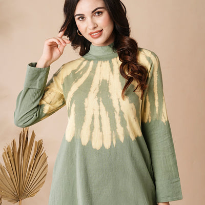 Shibori Dyed A-line Kurti with Palazzo Co-ord Set - Olive & Yellow