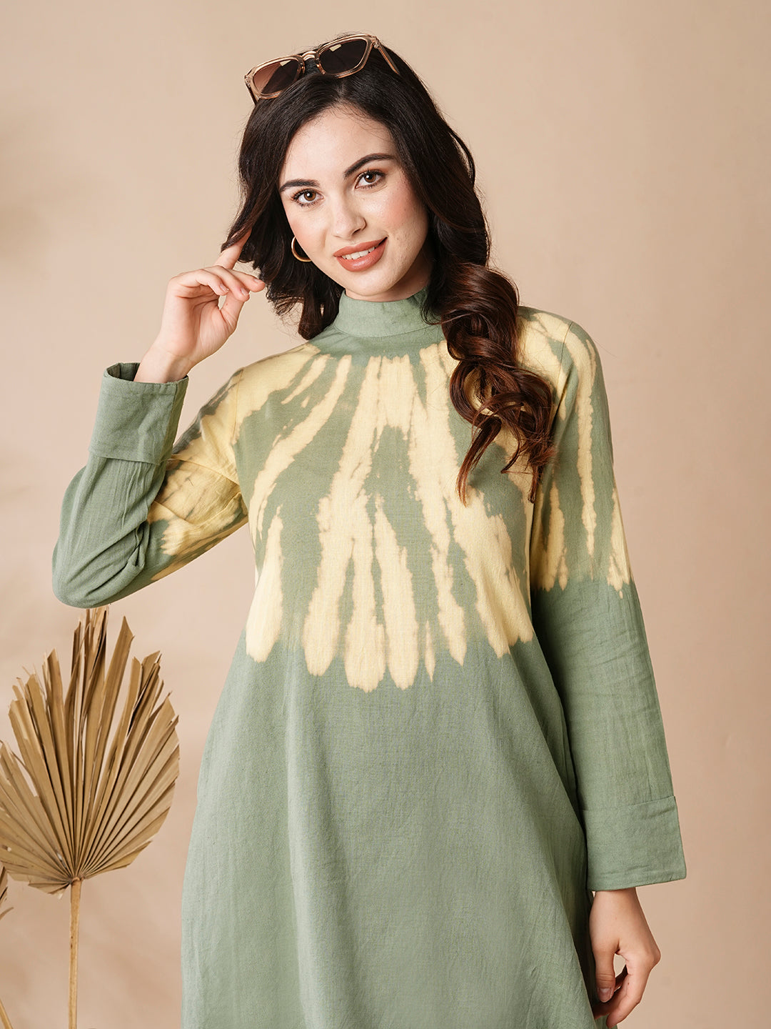 Shibori Dyed A-line Kurti with Palazzo Co-ord Set - Olive & Yellow