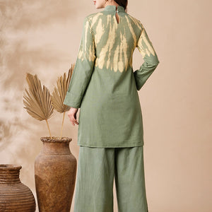 Shibori Dyed A-line Kurti with Palazzo Co-ord Set - Olive & Yellow