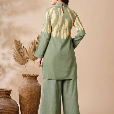 Shibori Dyed A-line Kurti with Palazzo Co-ord Set - Olive & Yellow