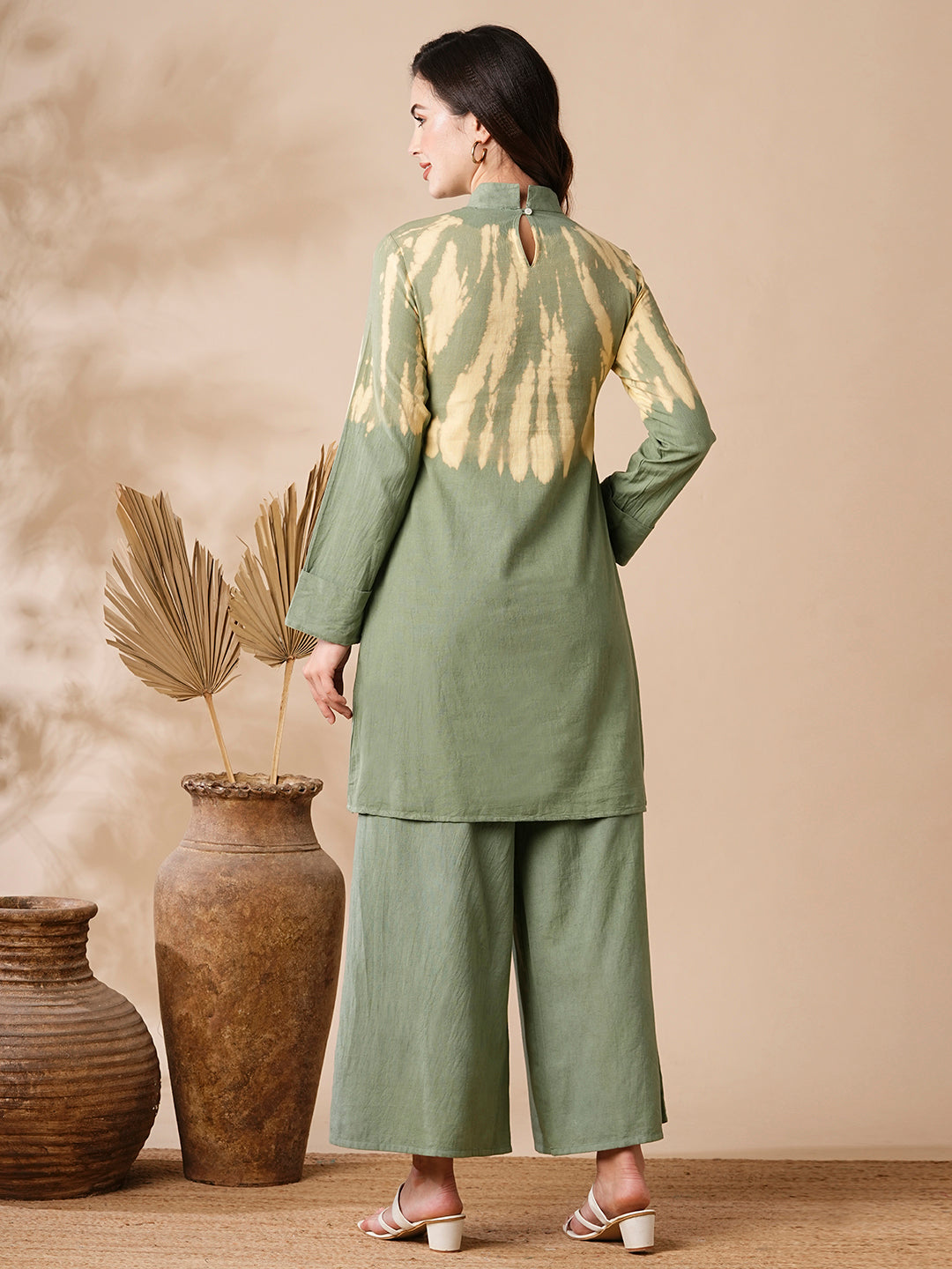 Shibori Dyed A-line Kurti with Palazzo Co-ord Set - Olive & Yellow