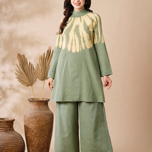 Shibori Dyed A-line Kurti with Palazzo Co-ord Set - Olive & Yellow