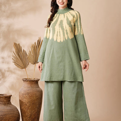 Shibori Dyed A-line Kurti with Palazzo Co-ord Set - Olive & Yellow