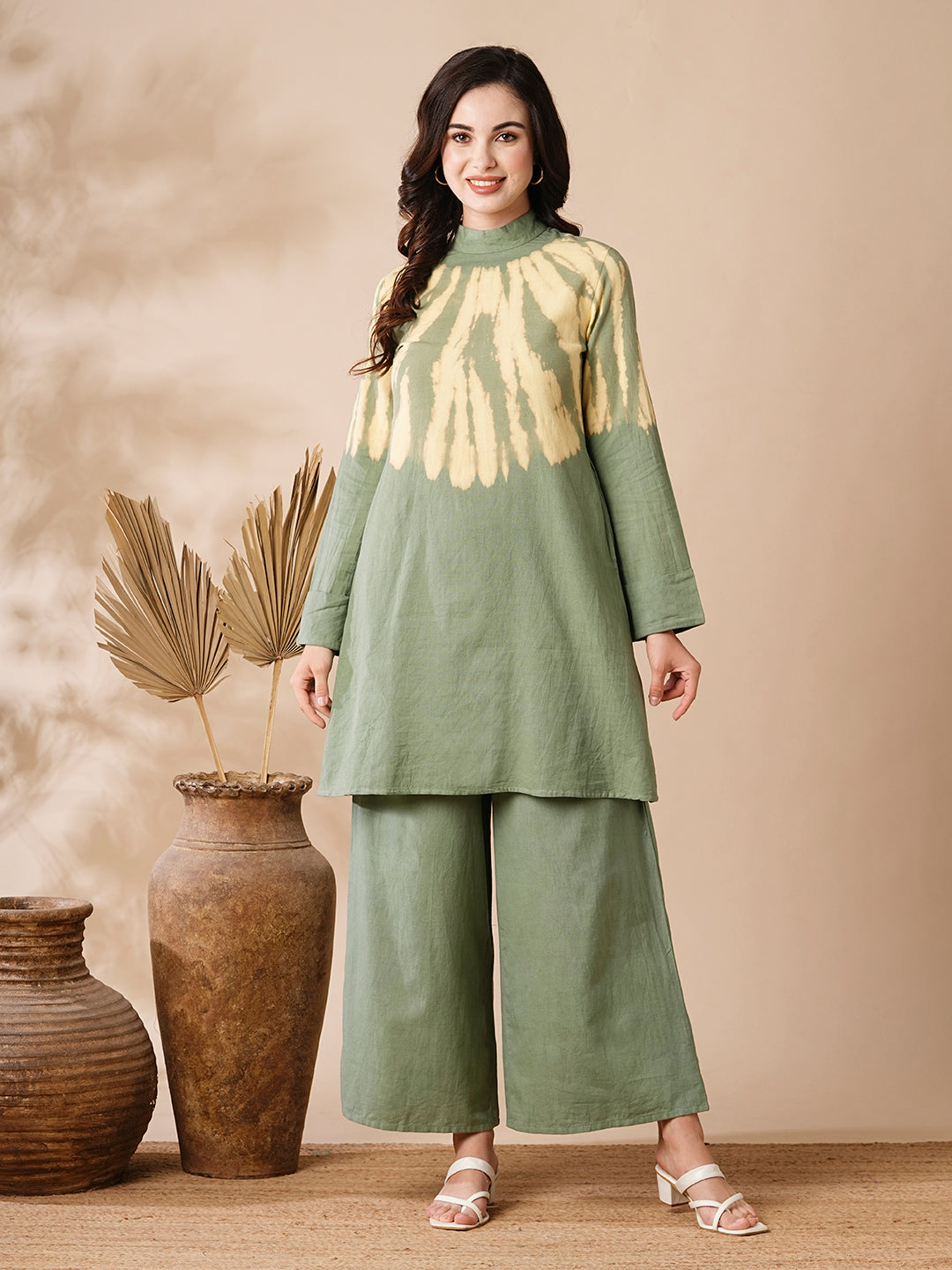 Shibori Dyed A-line Kurti with Palazzo Co-ord Set - Olive & Yellow