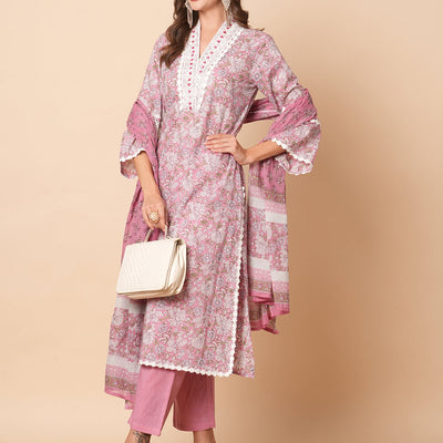 Floral Printed Beads, Tikki & Crochet Lace Embellished Kurta with Pants & Dupatta - Pink