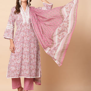 Floral Printed Beads, Tikki & Crochet Lace Embellished Kurta with Pants & Dupatta - Pink