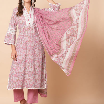 Floral Printed Beads, Tikki & Crochet Lace Embellished Kurta with Pants & Dupatta - Pink