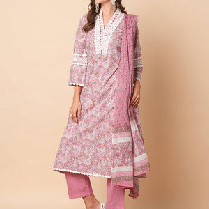 Floral Printed Beads, Tikki & Crochet Lace Embellished Kurta with Pants & Dupatta - Pink
