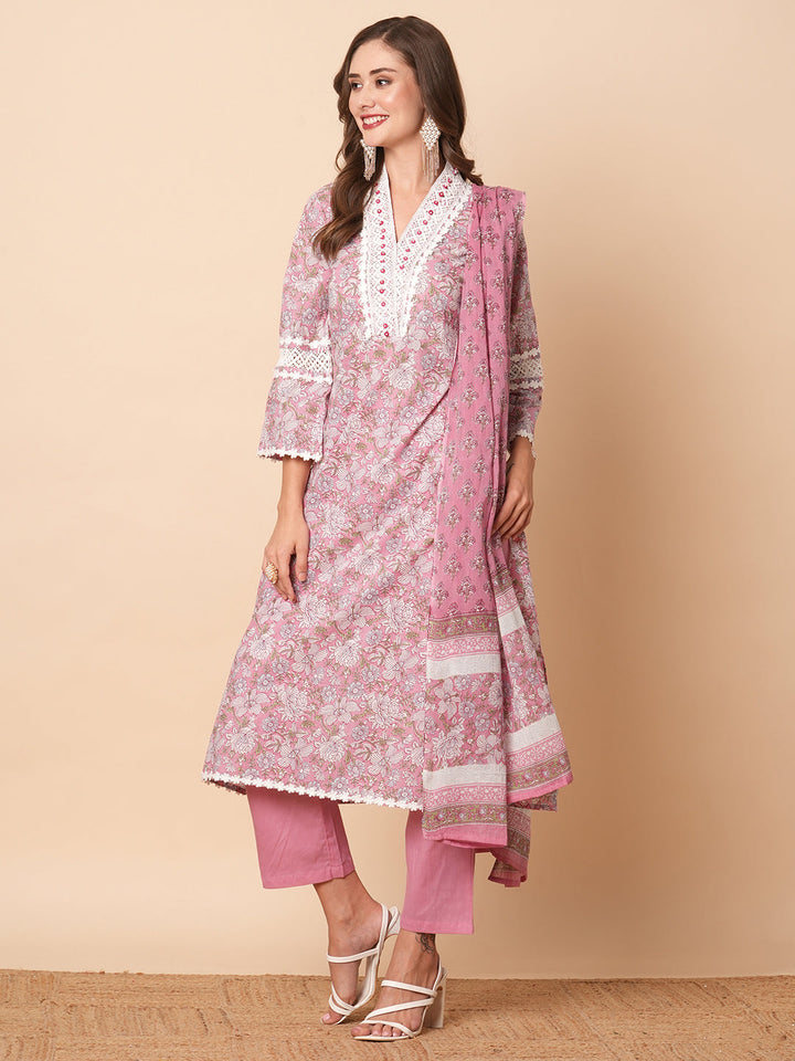 Floral Printed Beads, Tikki & Crochet Lace Embellished Kurta with Pants & Dupatta - Pink