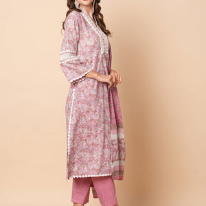 Floral Printed Beads, Tikki & Crochet Lace Embellished Kurta with Pants & Dupatta - Pink