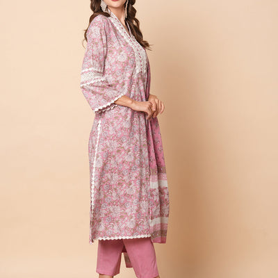 Floral Printed Beads, Tikki & Crochet Lace Embellished Kurta with Pants & Dupatta - Pink