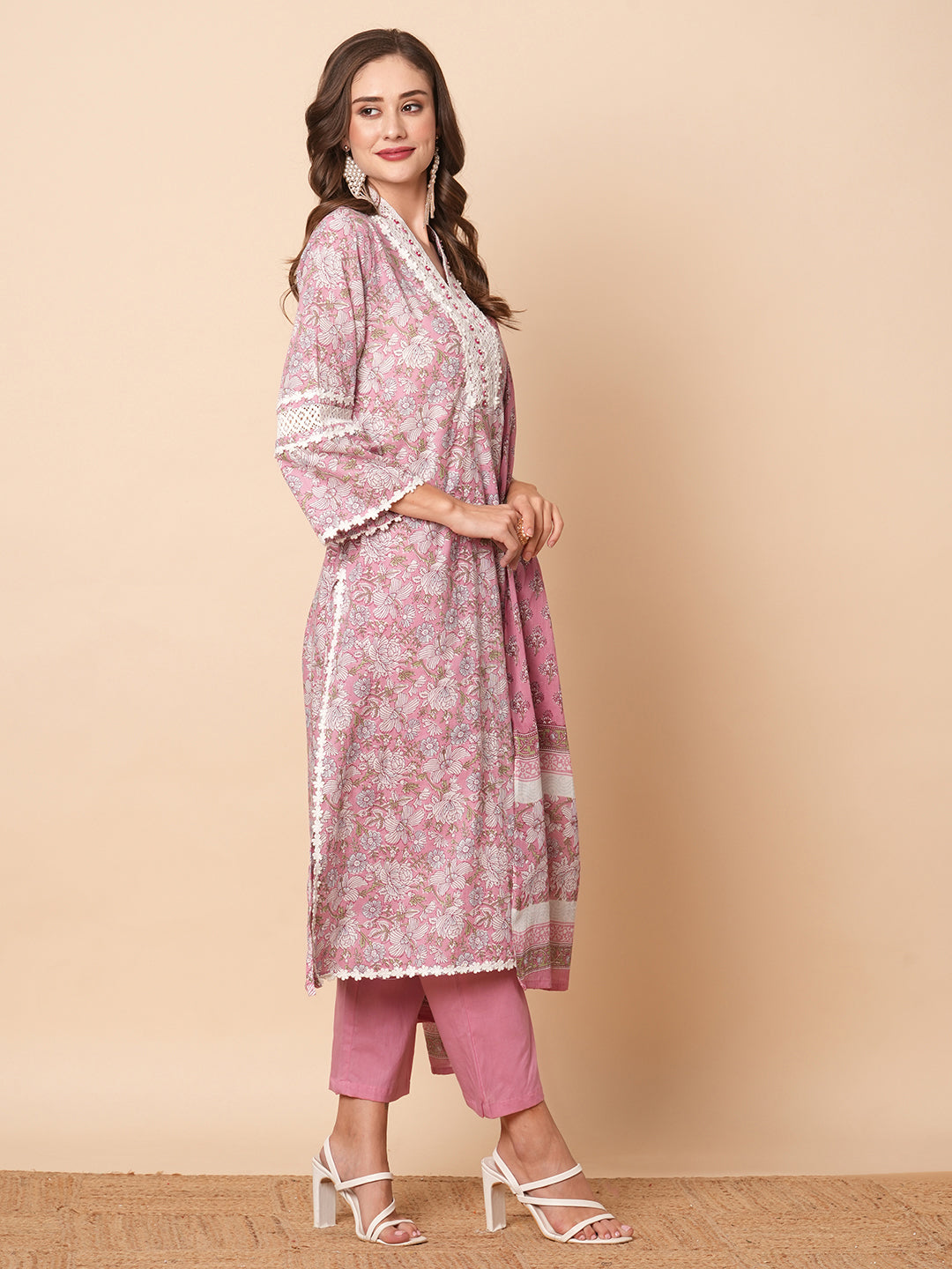 Floral Printed Beads, Tikki & Crochet Lace Embellished Kurta with Pants & Dupatta - Pink