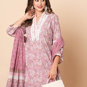 Floral Printed Beads, Tikki & Crochet Lace Embellished Kurta with Pants & Dupatta - Pink