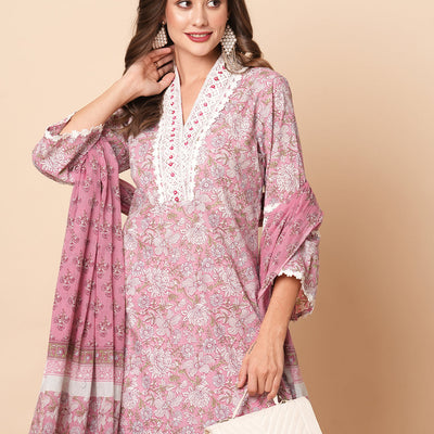 Floral Printed Beads, Tikki & Crochet Lace Embellished Kurta with Pants & Dupatta - Pink
