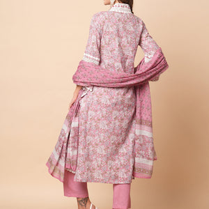 Floral Printed Beads, Tikki & Crochet Lace Embellished Kurta with Pants & Dupatta - Pink