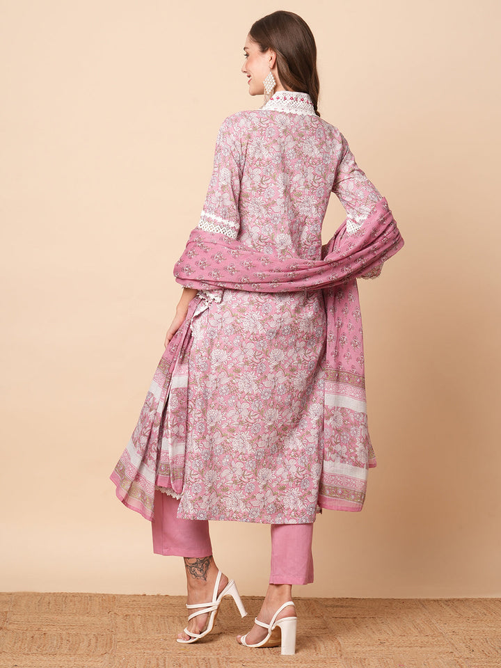 Floral Printed Beads, Tikki & Crochet Lace Embellished Kurta with Pants & Dupatta - Pink